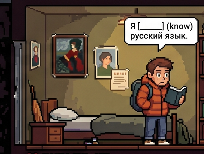 Bobby — a young man in an orange jacket studying Russian